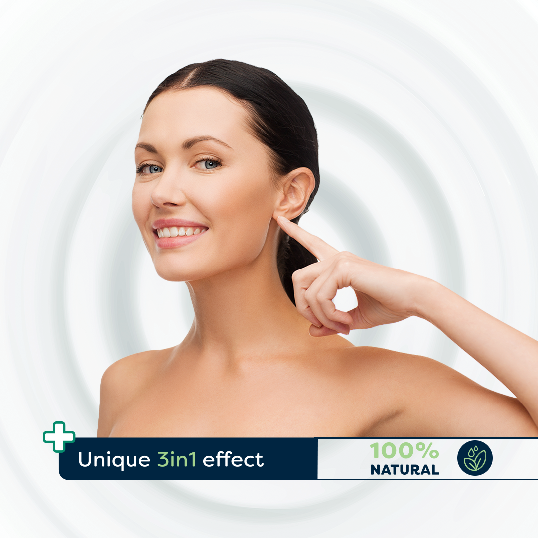 Woman pointing to her neck and product features