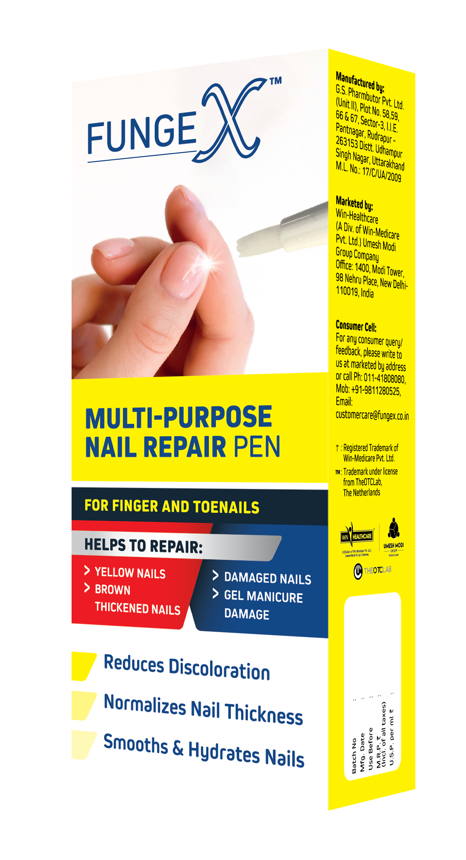 FungeX multi-purpose nail repair pen packaging with a hand holding a pen.