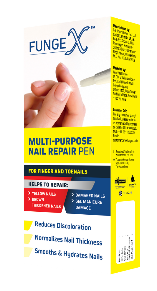 FungeX multi-purpose nail repair pen packaging with a hand holding a pen.