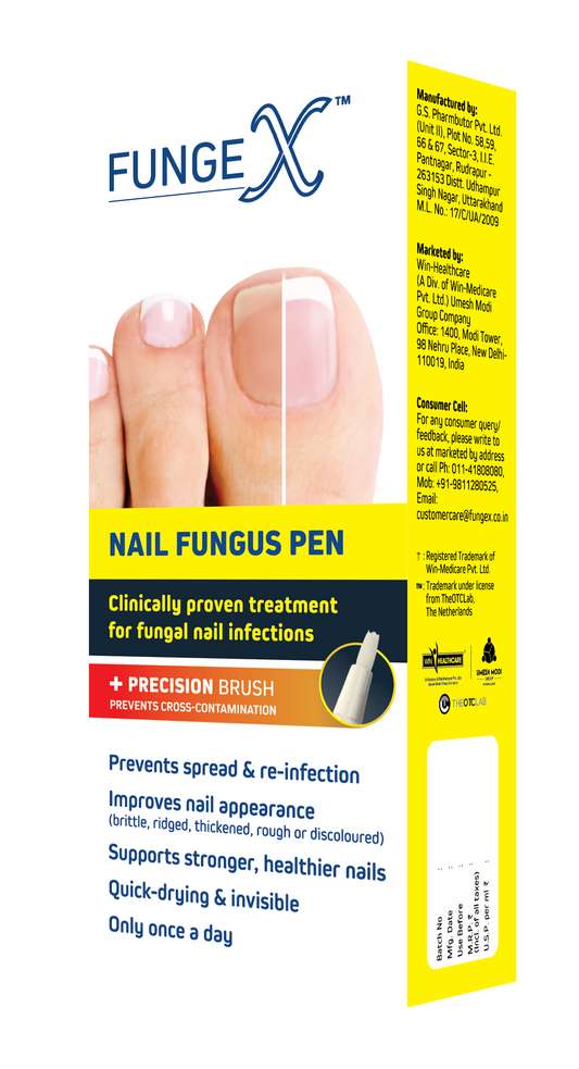 Funge-X nail fungus pen packaging with a foot image on a white background