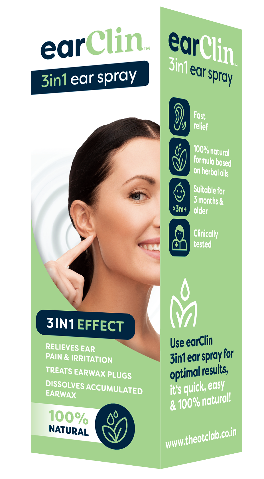 EarClin 3in1 ear spray packaging with a woman using the product.