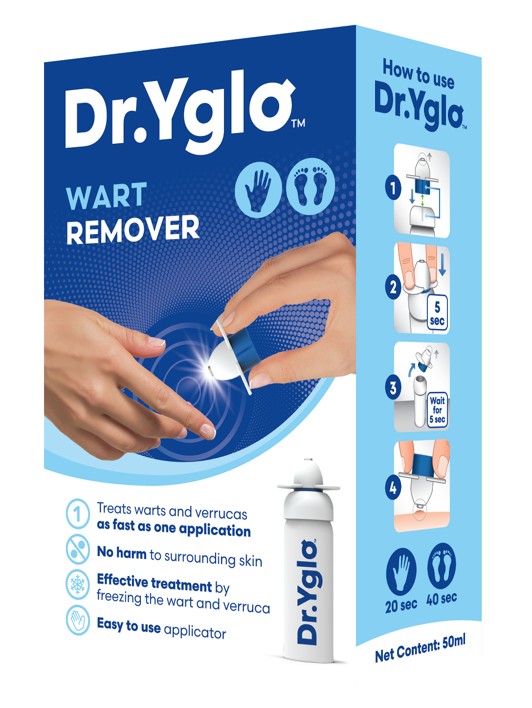 Dr. Yglo Wart Remover packaging with instructions and product details on a white background